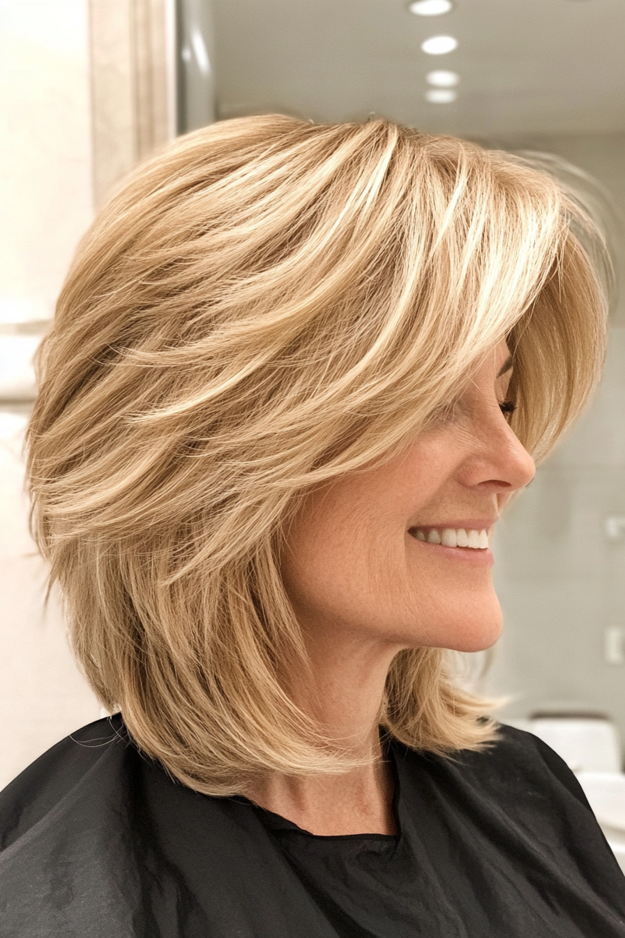 11. Golden Blonde Shag with Wispy Side Bangs (Short Shag Haircuts With Bangs For Older Women) - Short Shag Haircuts With Bangs For Older Women