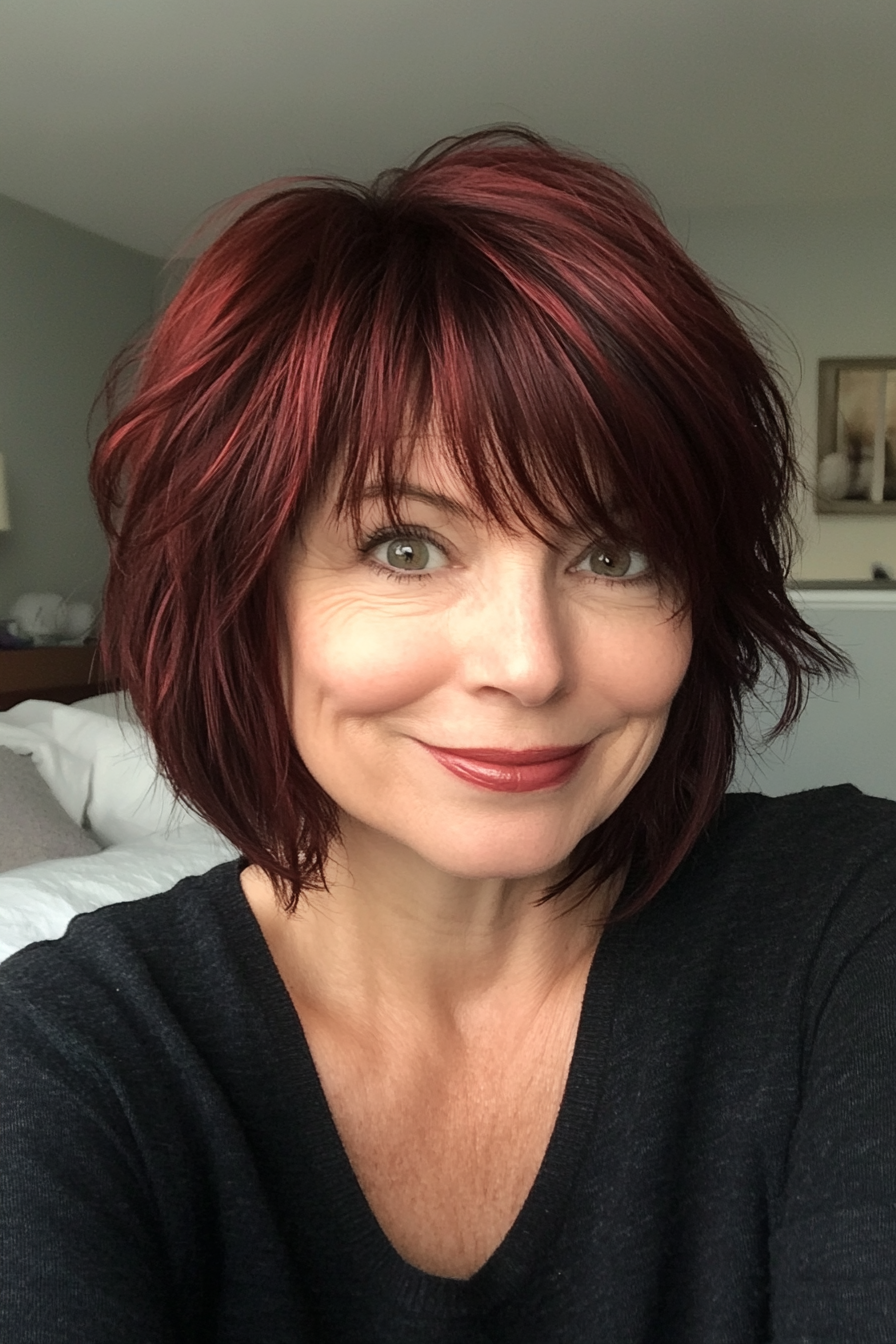 13. Dark Red Shag with Textured Side Bangs (Short Shag Haircuts With Bangs For Older Women) - Short Shag Haircuts With Bangs For Older Women