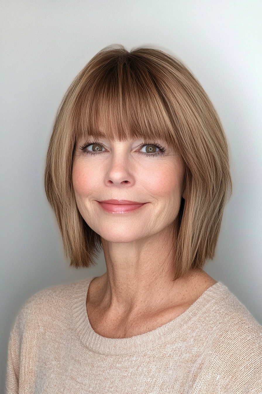 14. Light Brown Shag with Blunt Bangs (Short Shag Haircuts With Bangs For Older Women) - Short Shag Haircuts With Bangs For Older Women