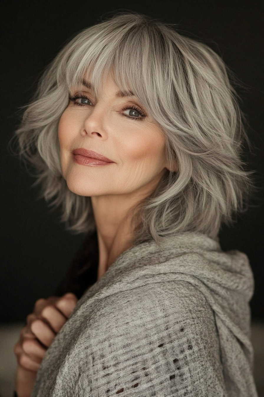 15. Soft Gray Shag with Side Bangs (Short Shag Haircuts With Bangs For Older Women) - Short Shag Haircuts With Bangs For Older Women