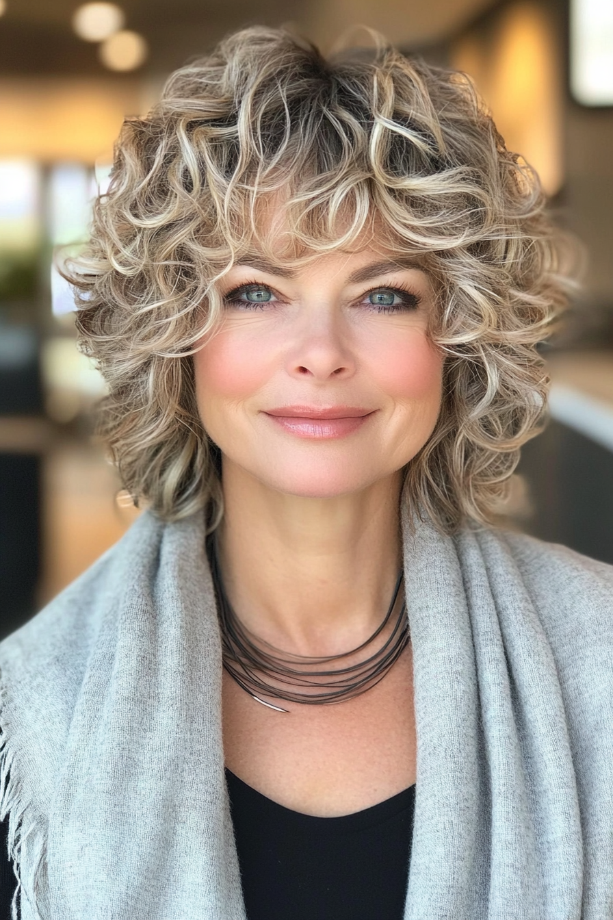 16. Dark Blonde Shag with Full Curly Bangs (Short Shag Haircuts With Bangs For Older Women) - Short Shag Haircuts With Bangs For Older Women