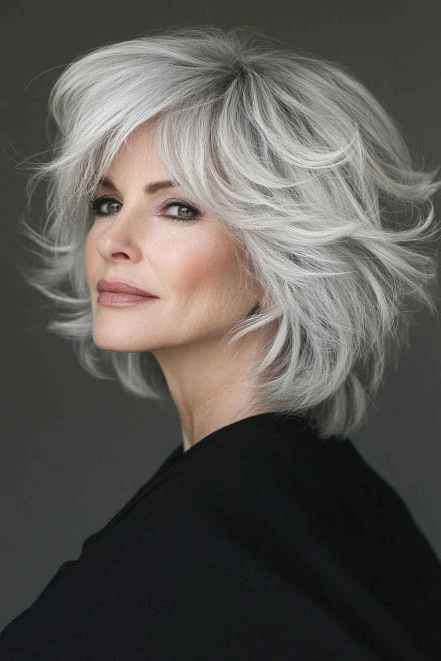 17. Platinum Gray Shag with Feathered Bangs (Short Shag Haircuts With Bangs For Older Women) - Short Shag Haircuts With Bangs For Older Women