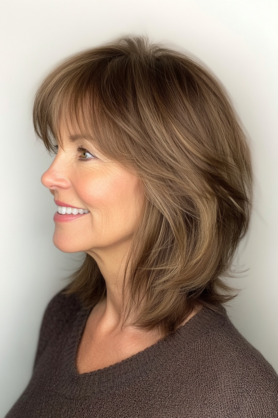 19. Medium Brown Shag with Side-Swept Curtain Bangs (Short Shag Haircuts With Bangs For Older Women) - Short Shag Haircuts With Bangs For Older Women