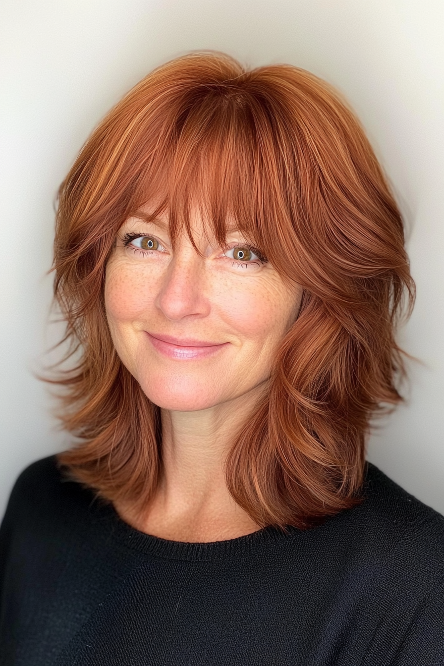 20. Reddish-Brown Shag with Subtle Bangs (Short Shag Haircuts With Bangs For Older Women) - Short Shag Haircuts With Bangs For Older Women