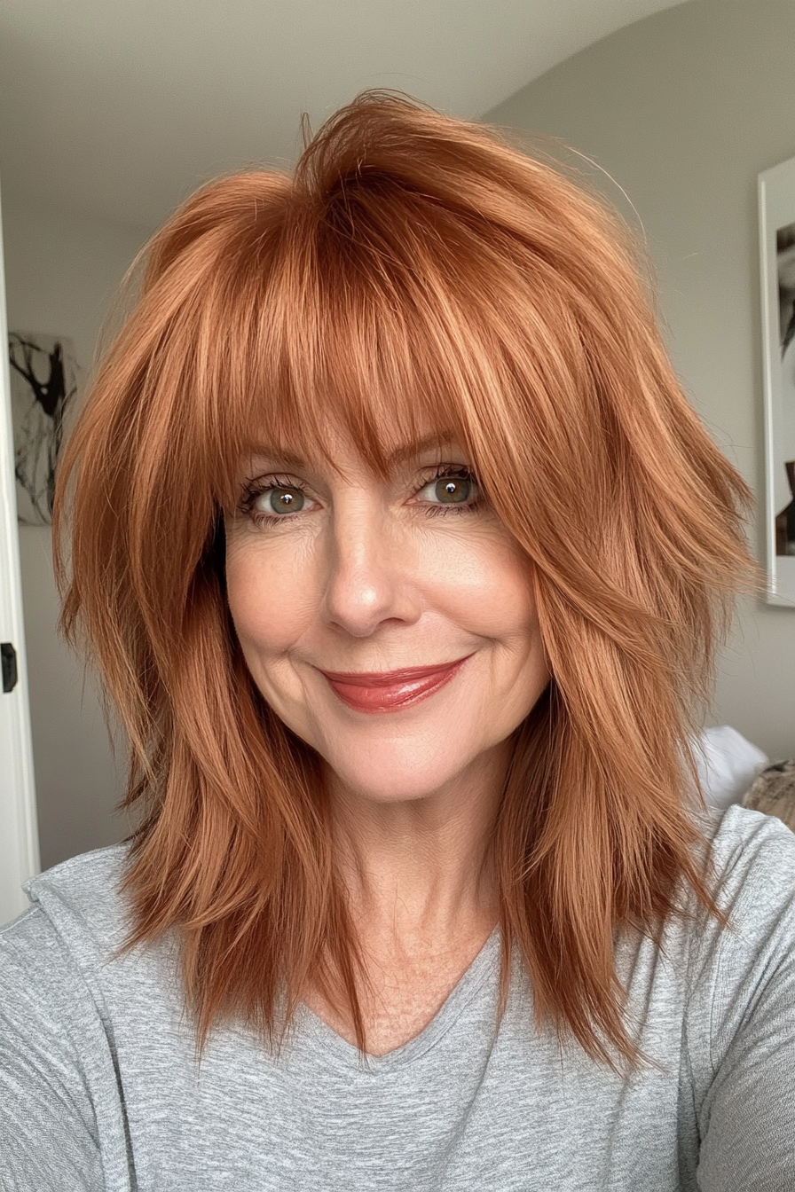 21. Copper Shag with Long, Blunt Bangs (Short Shag Haircuts With Bangs For Older Women) - Short Shag Haircuts With Bangs For Older Women