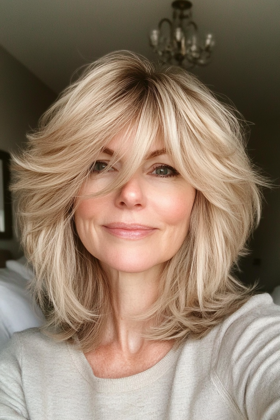 23. Medium Blonde Shag with Fluffy Bangs (Short Shag Haircuts With Bangs For Older Women) - Short Shag Haircuts With Bangs For Older Women