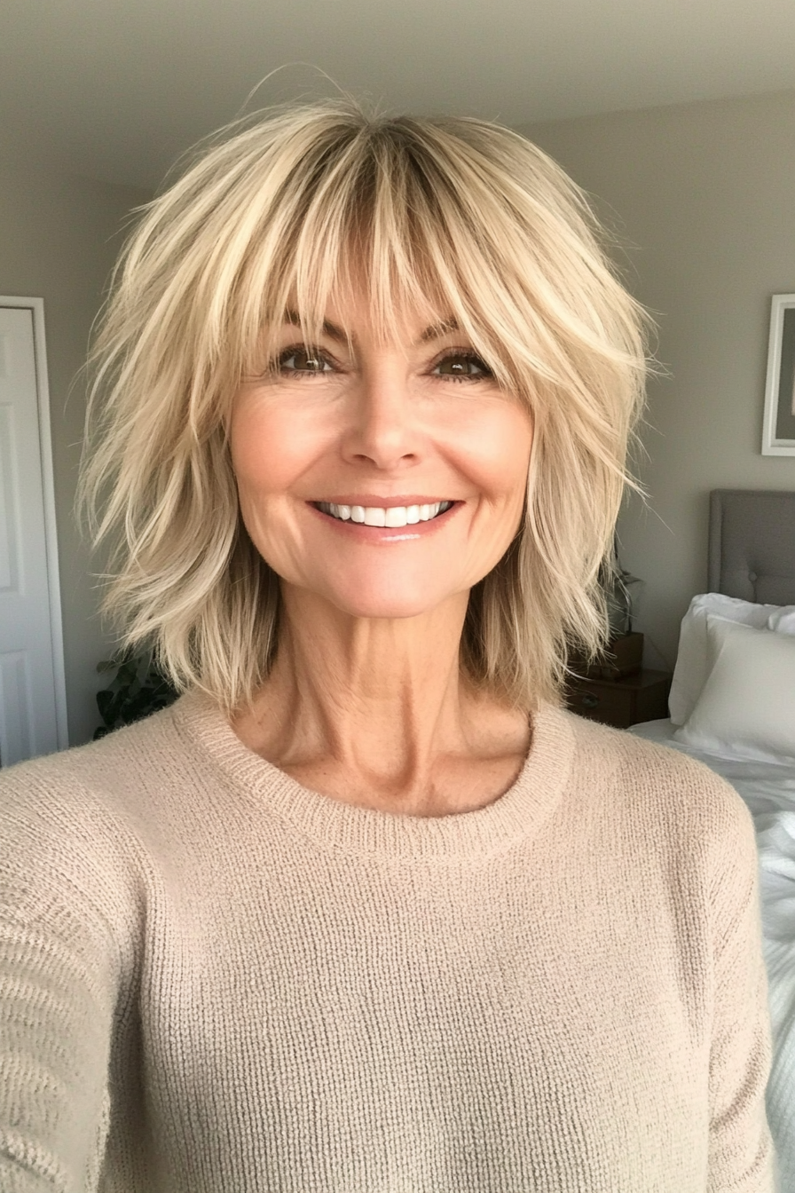 24. Honey Blonde Shag with Layered Bangs (Short Shag Haircuts With Bangs For Older Women) - Short Shag Haircuts With Bangs For Older Women