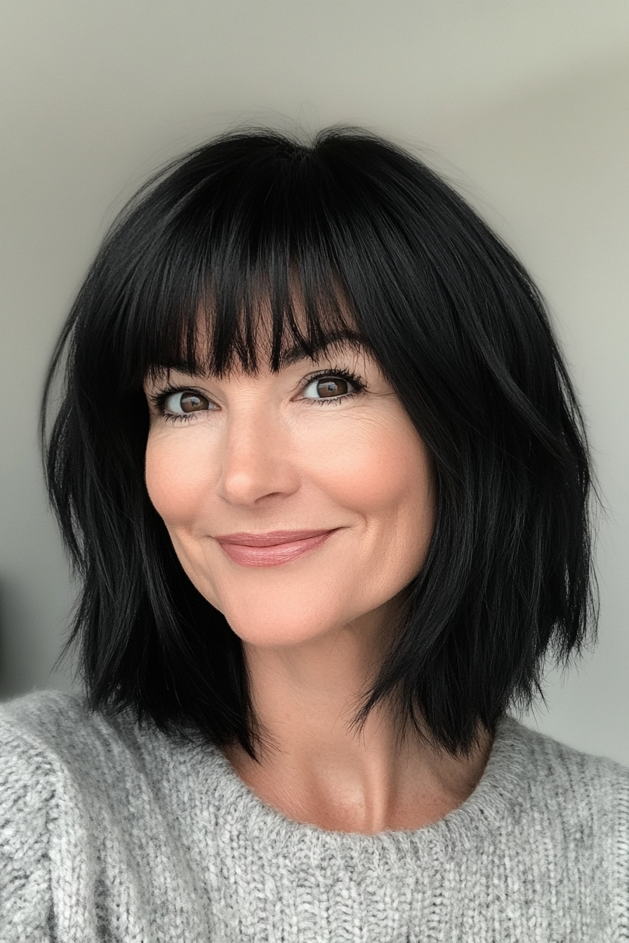 25. Jet Black Shag with Full, Straight Bangs (Short Shag Haircuts With Bangs For Older Women) - Short Shag Haircuts With Bangs For Older Women