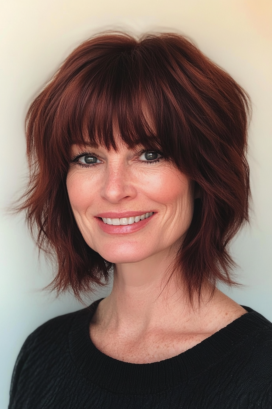 26. Dark Auburn Shag with Soft Bangs (Short Shag Haircuts With Bangs For Older Women) - Short Shag Haircuts With Bangs For Older Women