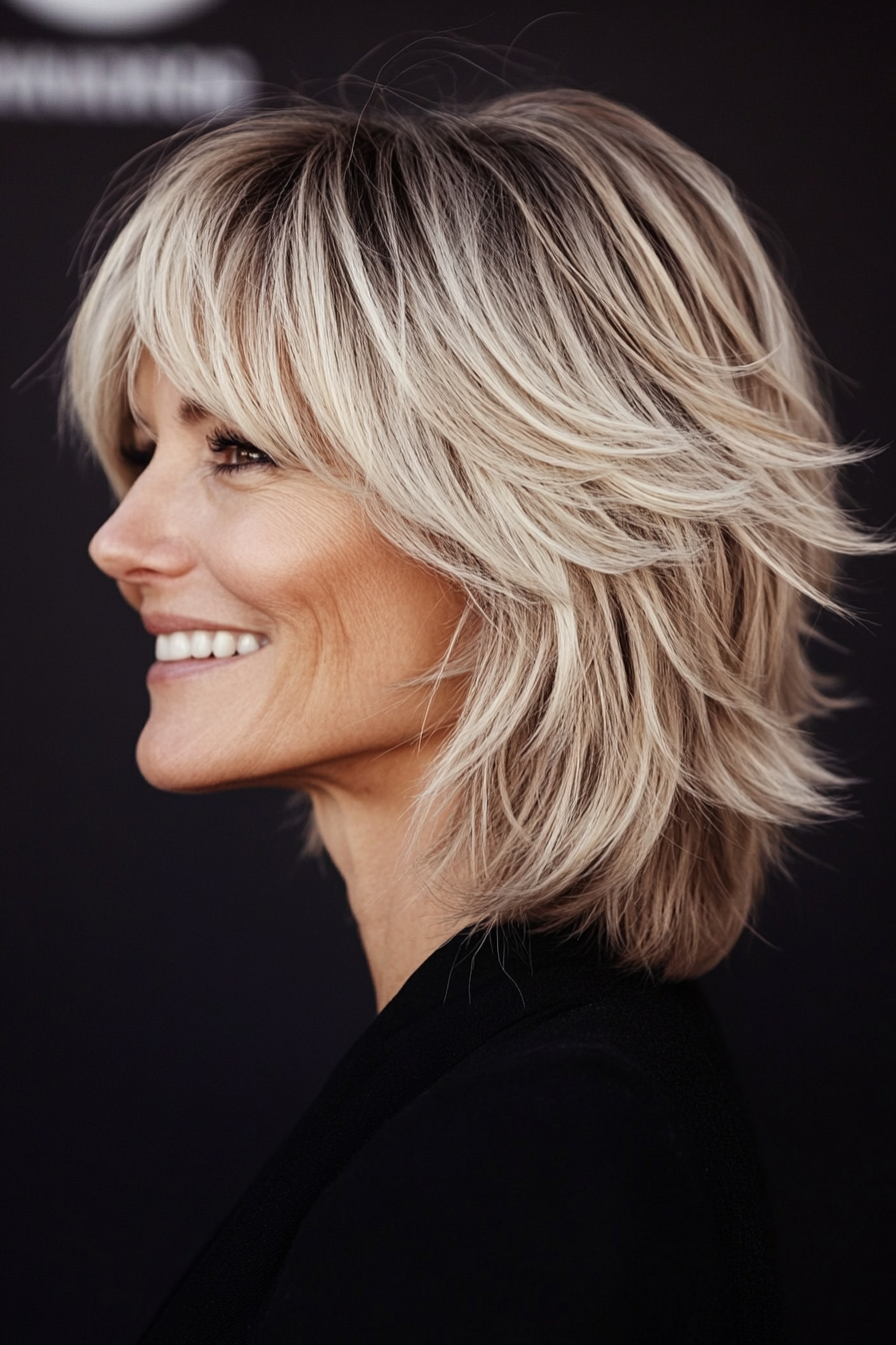 27. Blonde Ombre Shag with Long Bangs (Short Shag Haircuts With Bangs For Older Women) - Short Shag Haircuts With Bangs For Older Women