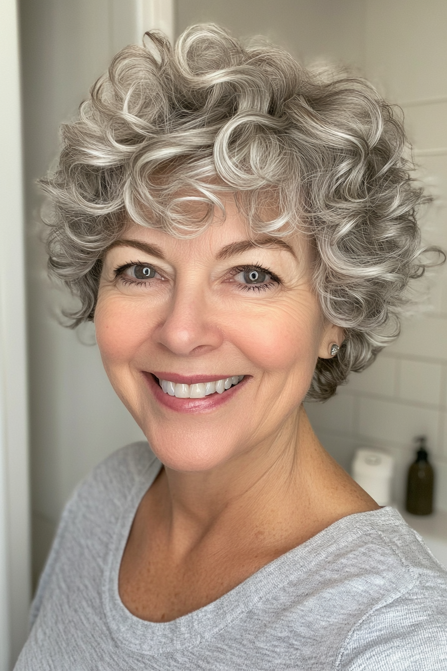 1. Soft Layered Curls with Silver Highlights (Short Curly Haircuts For Women Over 60) - Short Curly Haircuts For Women Over 60