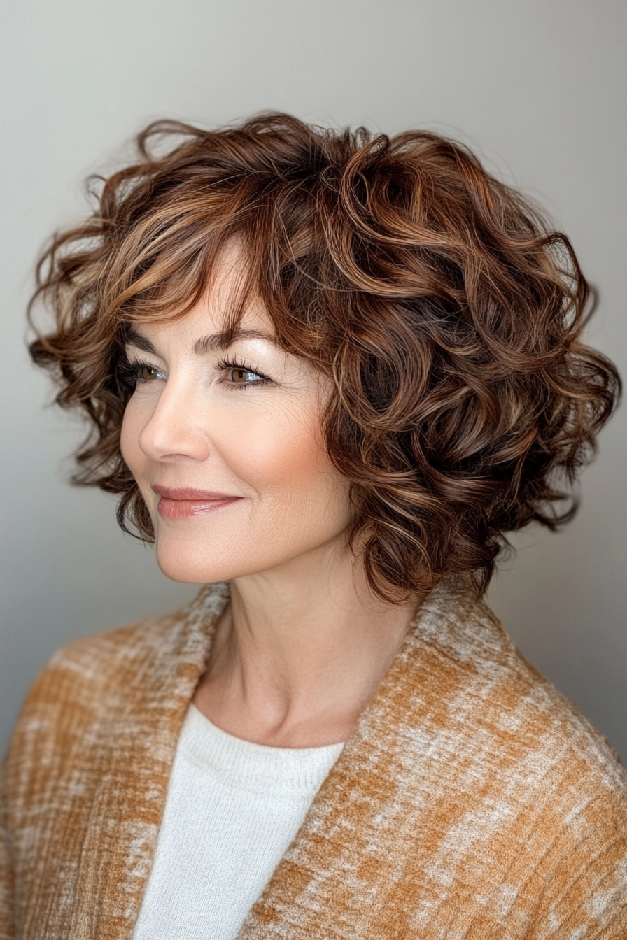 2. Textured Bob with Light Brown Curls (Short Curly Haircuts For Women Over 60) - Short Curly Haircuts For Women Over 60