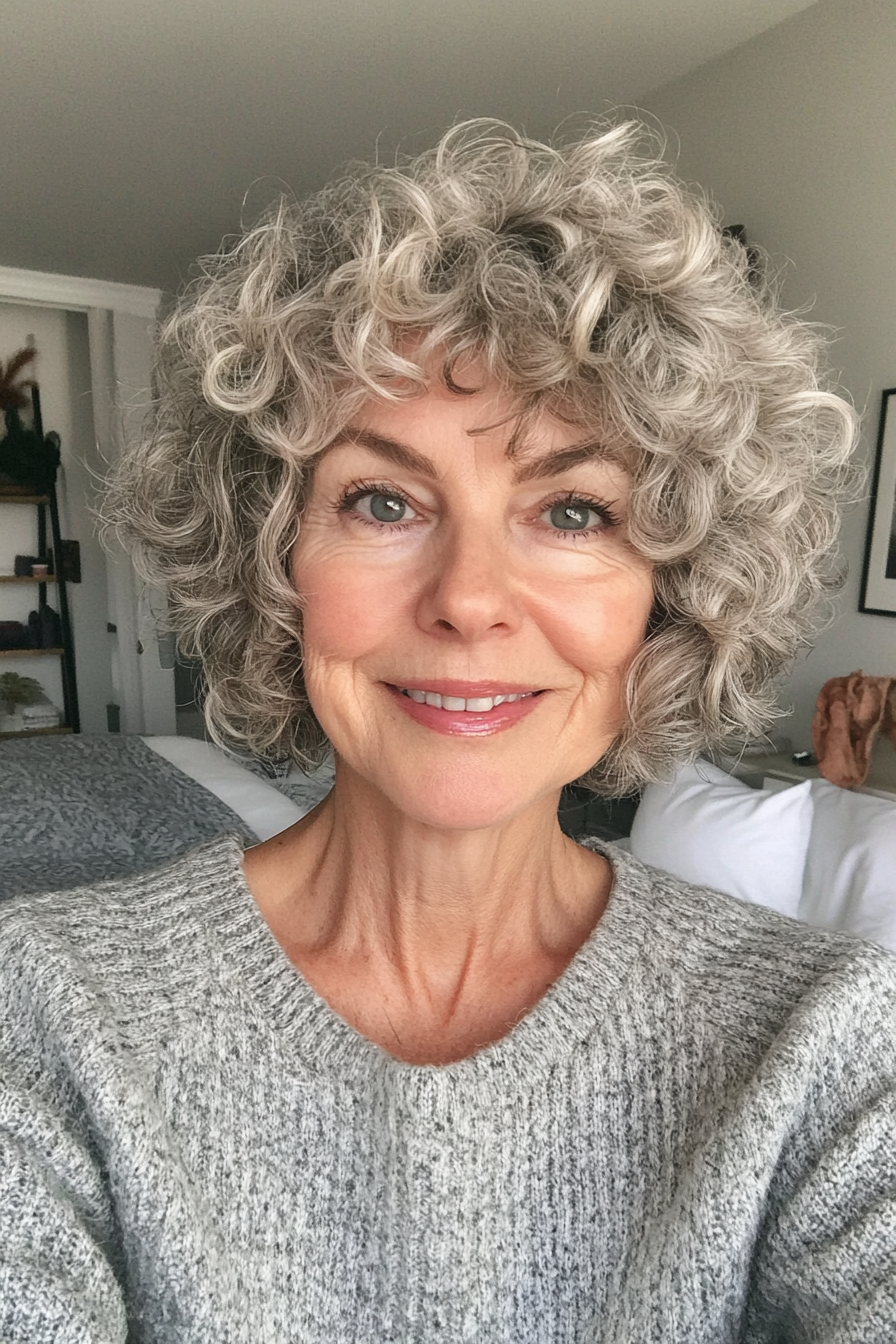 4. Shaggy Curly Crop with Salt-and-Pepper Curls (Short Curly Haircuts For Women Over 60) - Short Curly Haircuts For Women Over 60