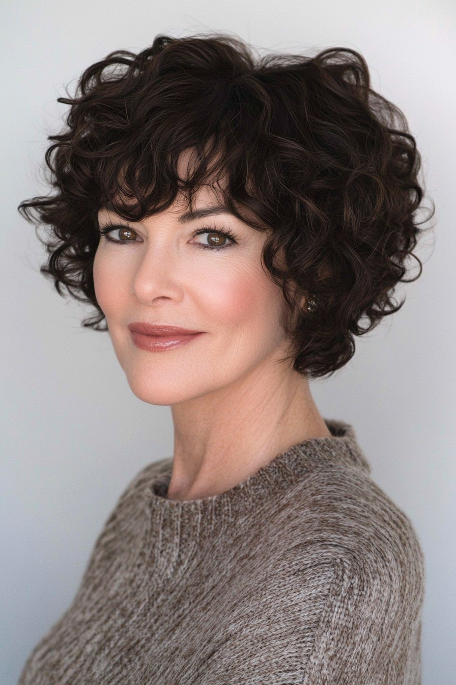 5. Curly Bowl Cut in Dark Brown (Short Curly Haircuts For Women Over 60) - Short Curly Haircuts For Women Over 60