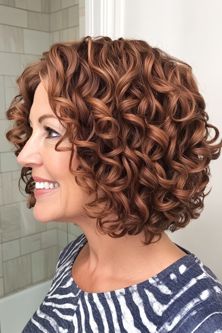 6. Stacked Curly Bob in Chestnut (Short Curly Haircuts For Women Over 60) - Short Curly Haircuts For Women Over 60