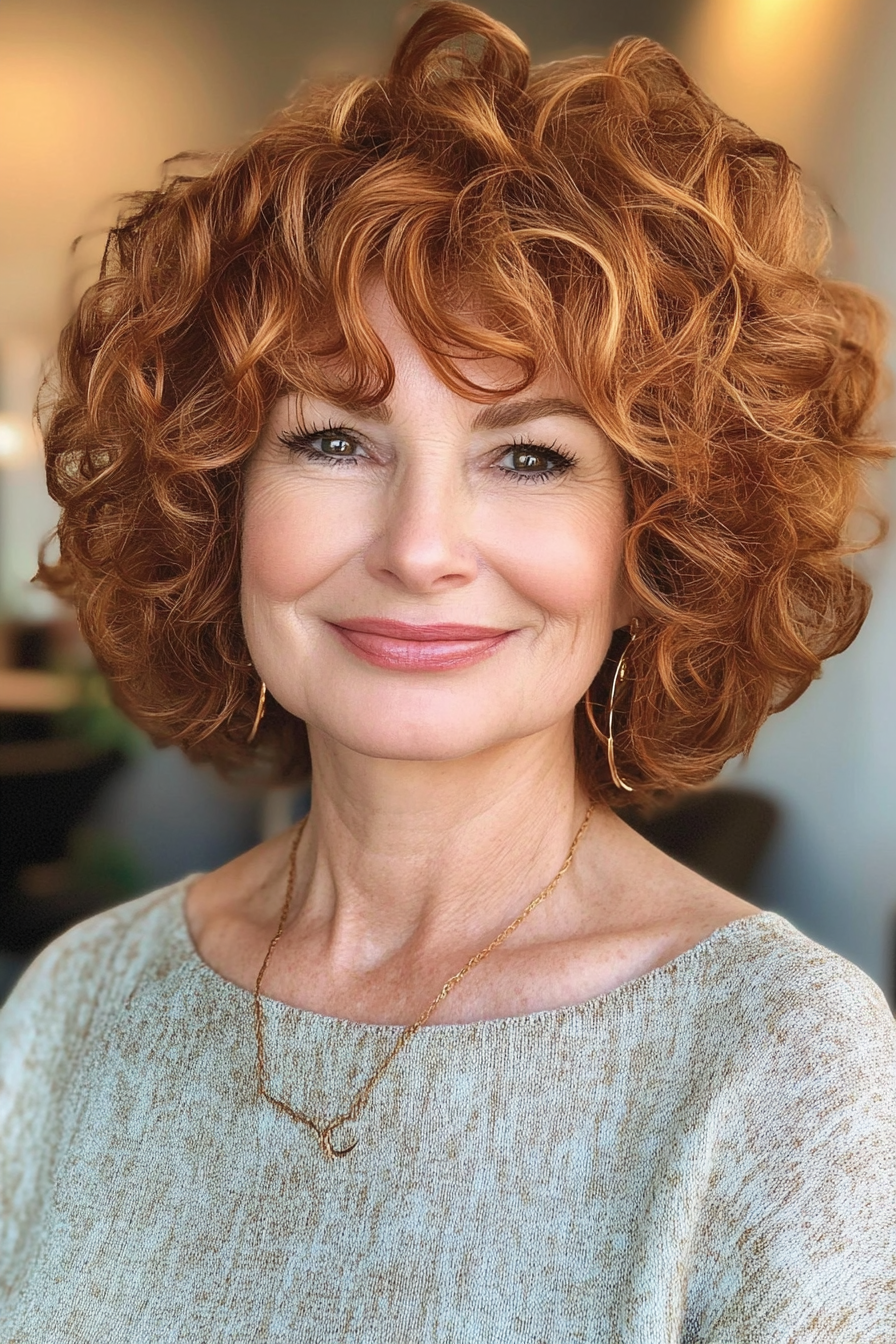 7. Voluminous Curly Lob with Copper Undertones (Short Curly Haircuts For Women Over 60) - Short Curly Haircuts For Women Over 60