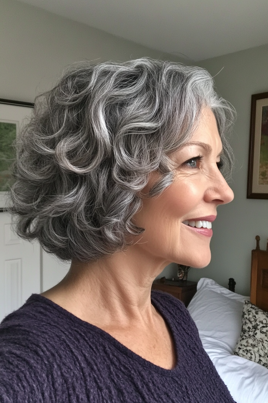 9. Curly French Bob with Gray Strands (Short Curly Haircuts For Women Over 60) - Short Curly Haircuts For Women Over 60