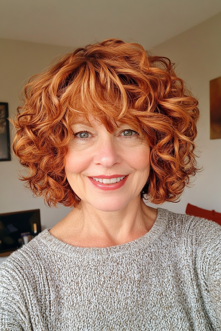 10. Layered Curly Shag with Auburn Highlights (Short Curly Haircuts For Women Over 60) - Short Curly Haircuts For Women Over 60