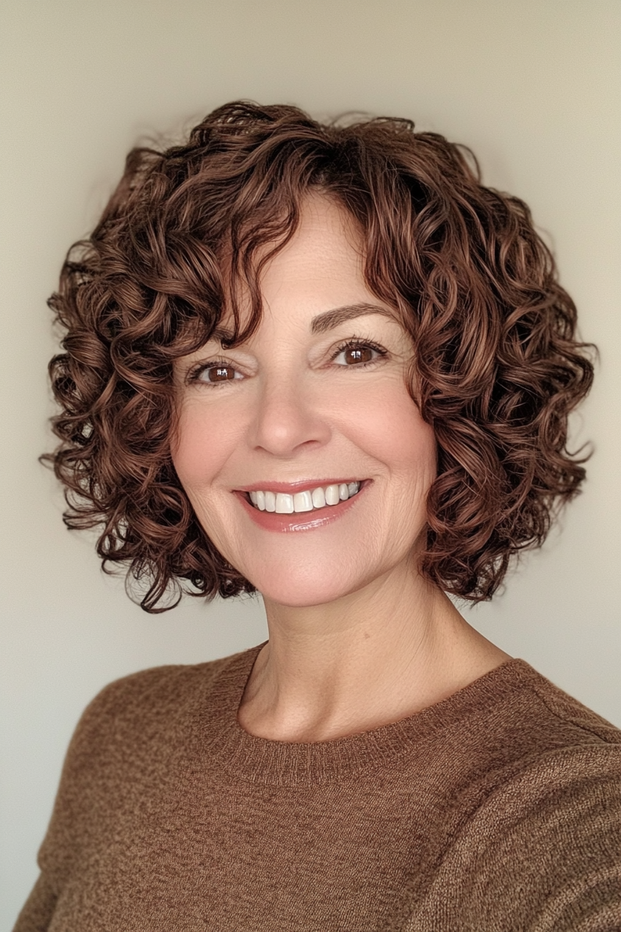 12. Tightly Curled Bob with Warm Brunette (Short Curly Haircuts For Women Over 60) - Short Curly Haircuts For Women Over 60