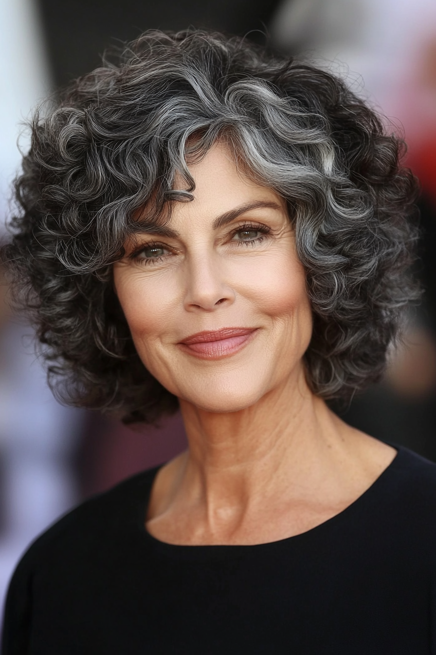16. Curly Bob with Dark Brown and Gray (Short Curly Haircuts For Women Over 60) - Short Curly Haircuts For Women Over 60