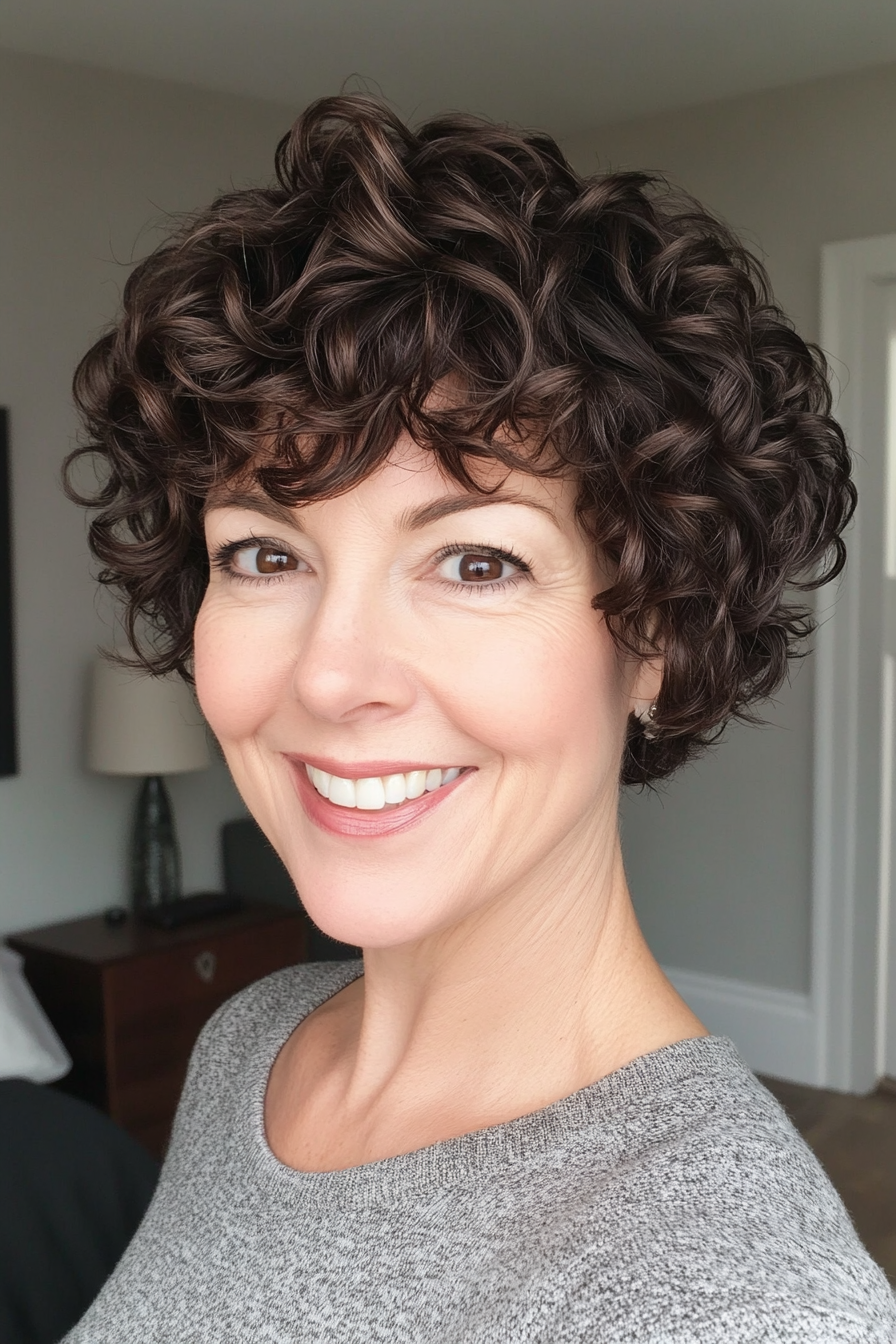18. Short Curly Posh Pixie in Dark Brown (Short Curly Haircuts For Women Over 60) - Short Curly Haircuts For Women Over 60