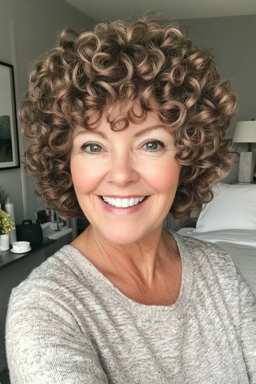 20. Fluffy Curly Top with Soft Auburn Ends (Short Curly Haircuts For Women Over 60) - Short Curly Haircuts For Women Over 60