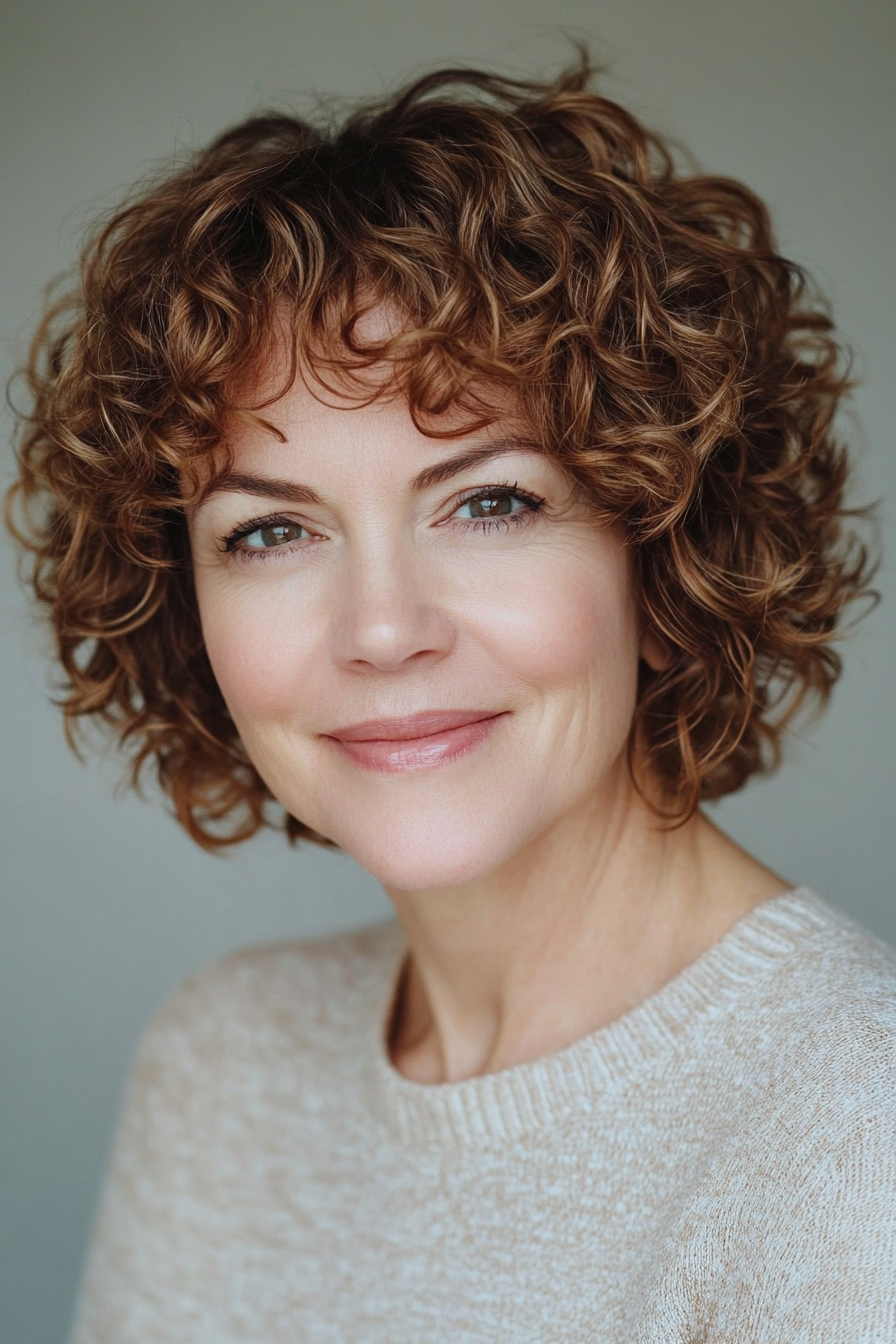 22. Side-Parted Curly Cut in Chestnut Brown (Short Curly Haircuts For Women Over 60) - Short Curly Haircuts For Women Over 60