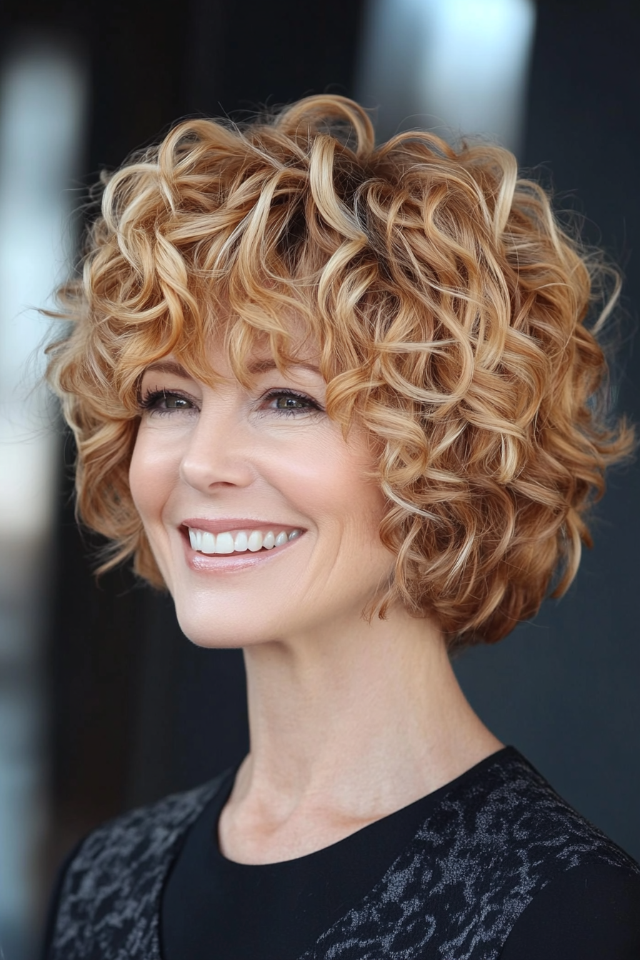 23. Curly Bob with Honey Blonde Highlights (Short Curly Haircuts For Women Over 60) - Short Curly Haircuts For Women Over 60