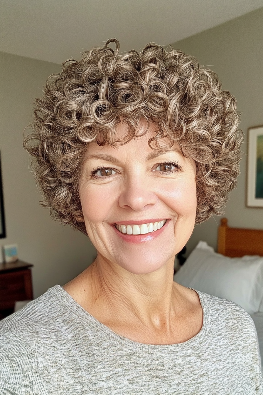 26. Curly Pixie Cut with Light Ash Brown (Short Curly Haircuts For Women Over 60) - Short Curly Haircuts For Women Over 60