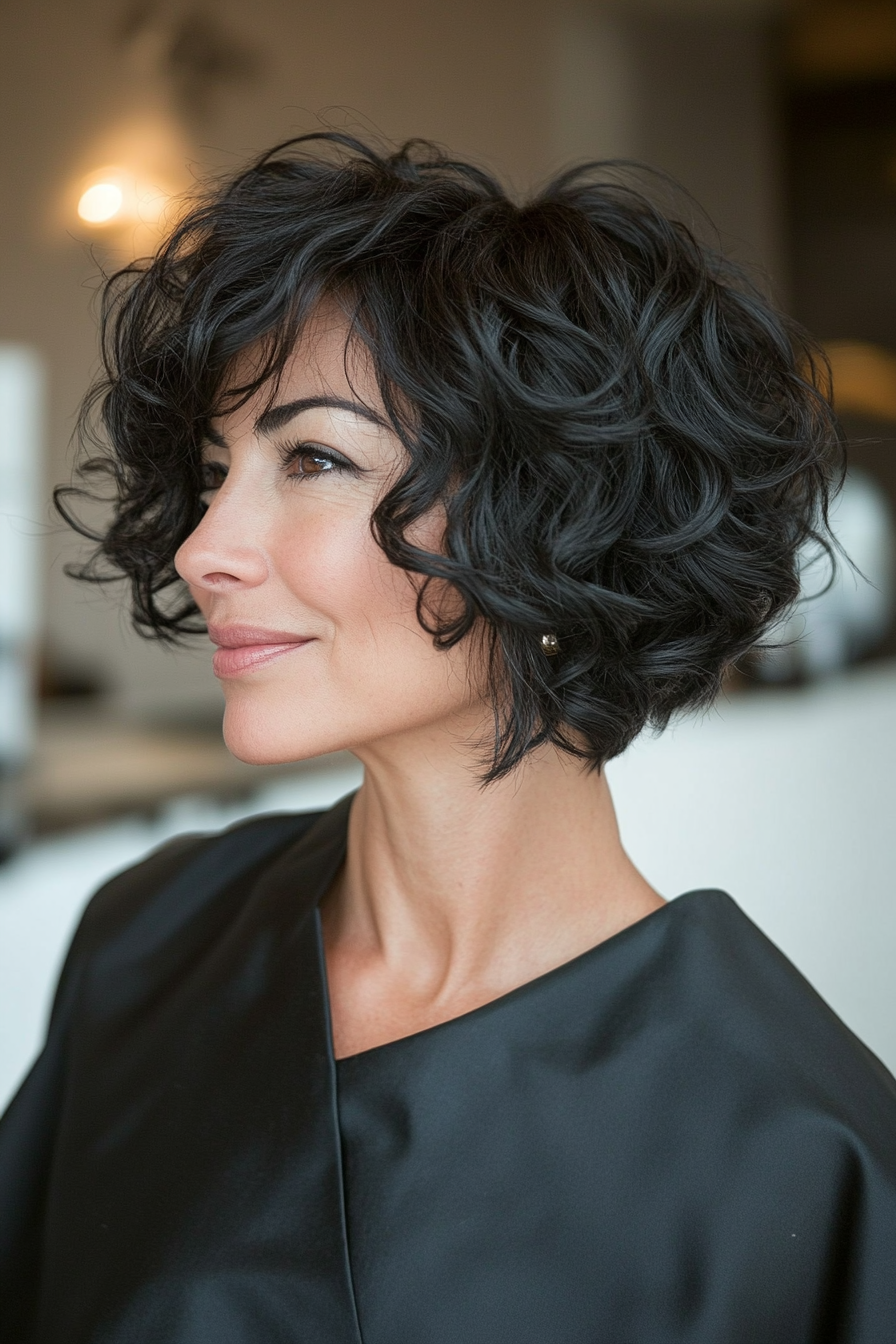 27. Angular Curly Bob with Deep Black Curls (Short Curly Haircuts For Women Over 60) - Short Curly Haircuts For Women Over 60