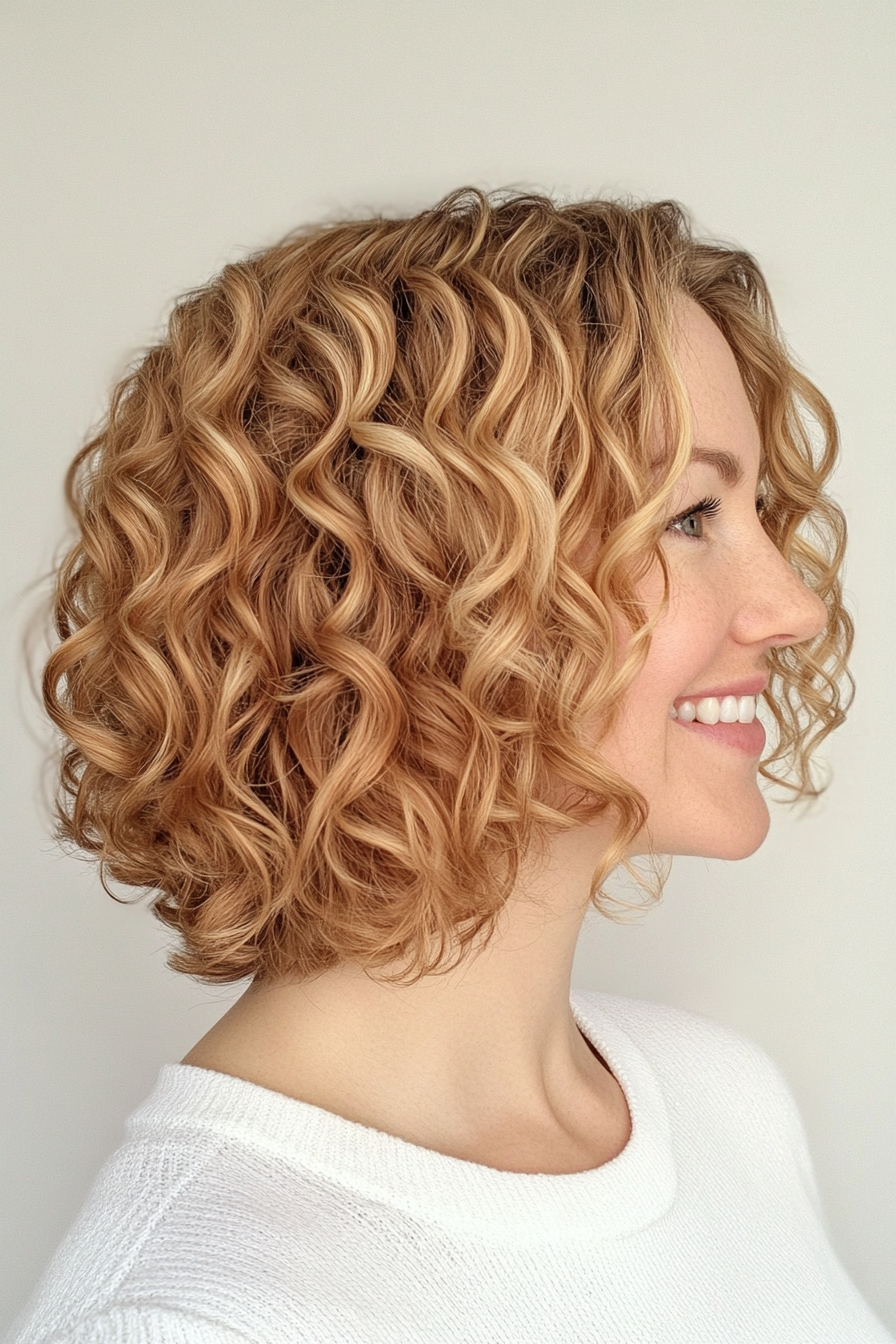 3. Layered Curly Lob - Honey Blonde (Short Curly Hairstyles For Women) - Short Curly Hairstyles For Women