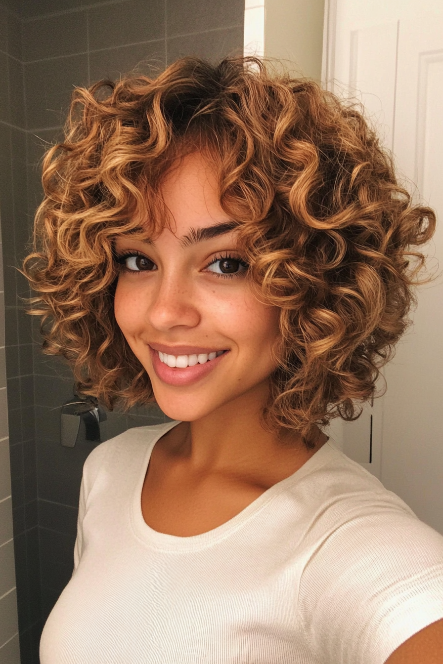 9. Curly Bob with Fringe - Golden Blonde (Short Curly Hairstyles For Women) - Short Curly Hairstyles For Women