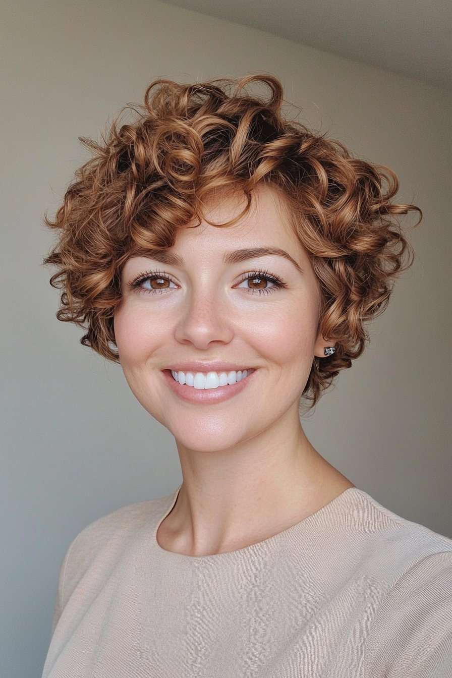 15. Curly Pixie with Soft Layers - Caramel Brown (Short Curly Hairstyles For Women) - Short Curly Hairstyles For Women