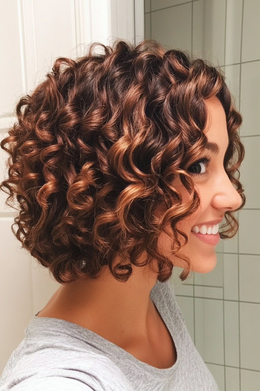19. Stacked Curly Bob - Honey Brown (Short Curly Hairstyles For Women) - Short Curly Hairstyles For Women