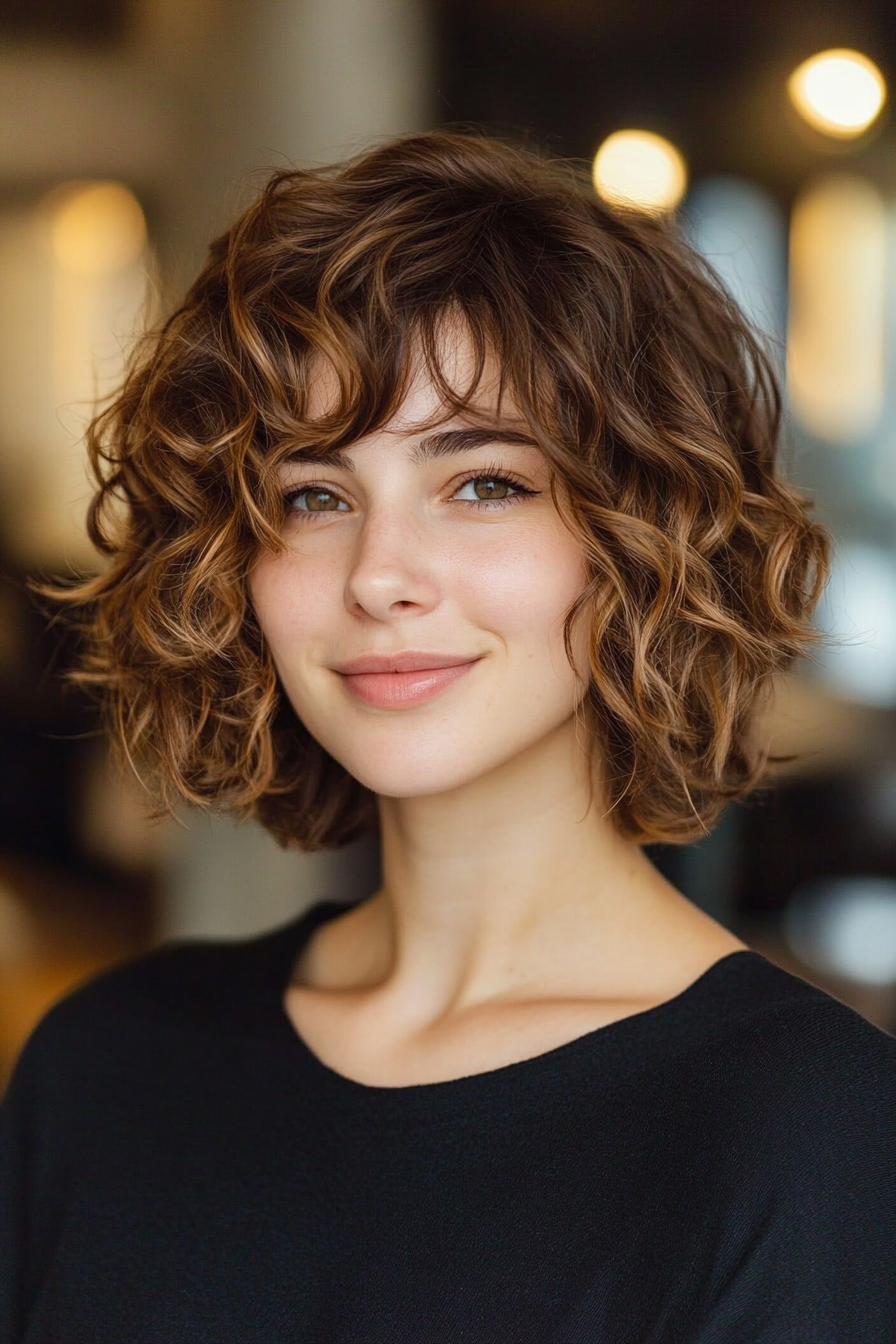 20. Curly Shag with Side Bangs - Dark Blonde (Short Curly Hairstyles For Women) - Short Curly Hairstyles For Women