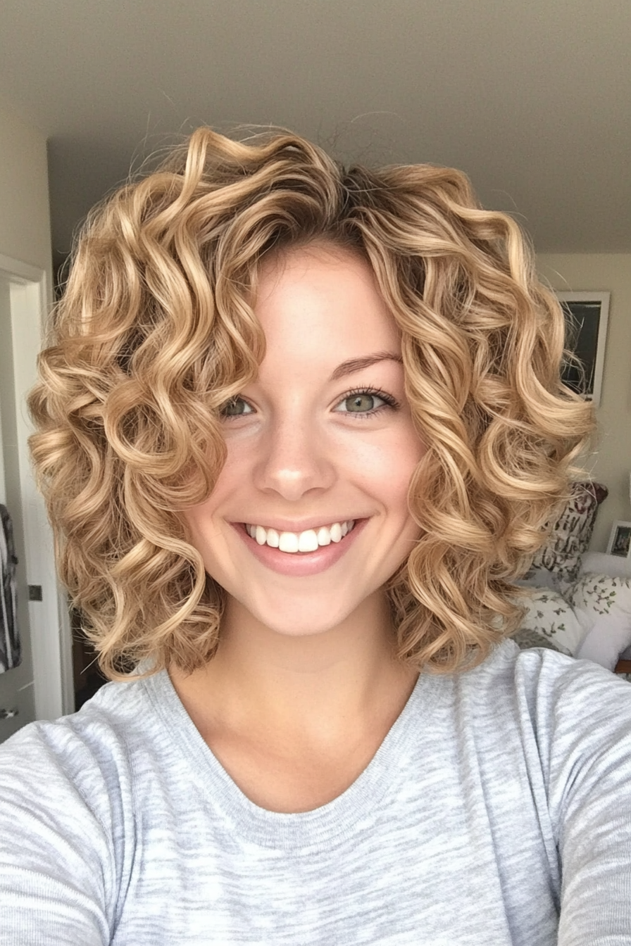 23. Curly Shag with Layers - Medium Blonde (Short Curly Hairstyles For Women) - Short Curly Hairstyles For Women