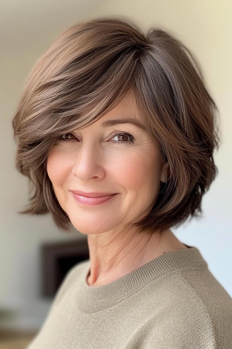 8. Layered Bob with Side Part - Medium Brown (Short Layered Haircuts For Women Over 60) - Short Layered Haircuts For Women Over 60