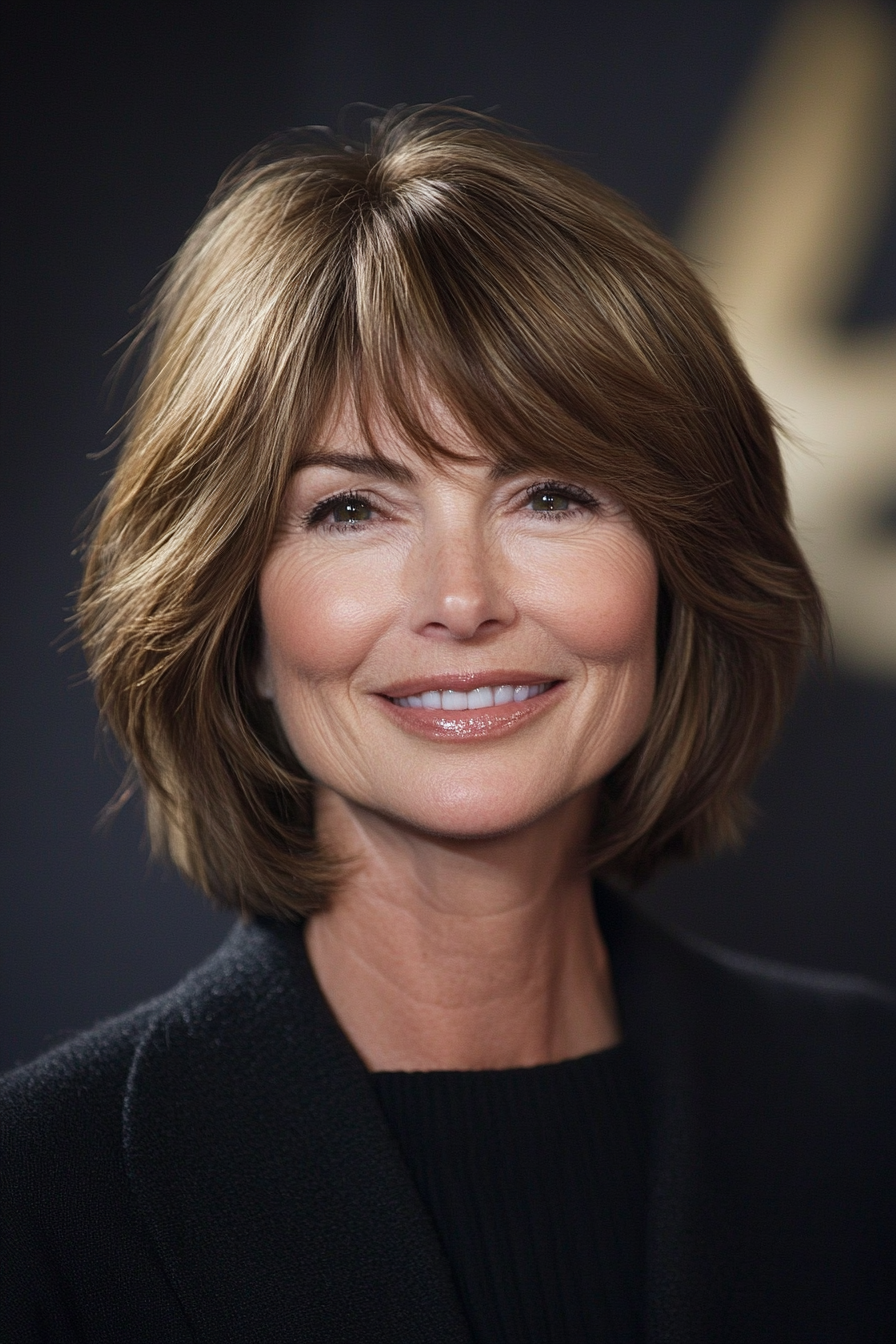 12. Layered Bangs Bob - Soft Brown (Short Layered Haircuts For Women Over 60) - Short Layered Haircuts For Women Over 60