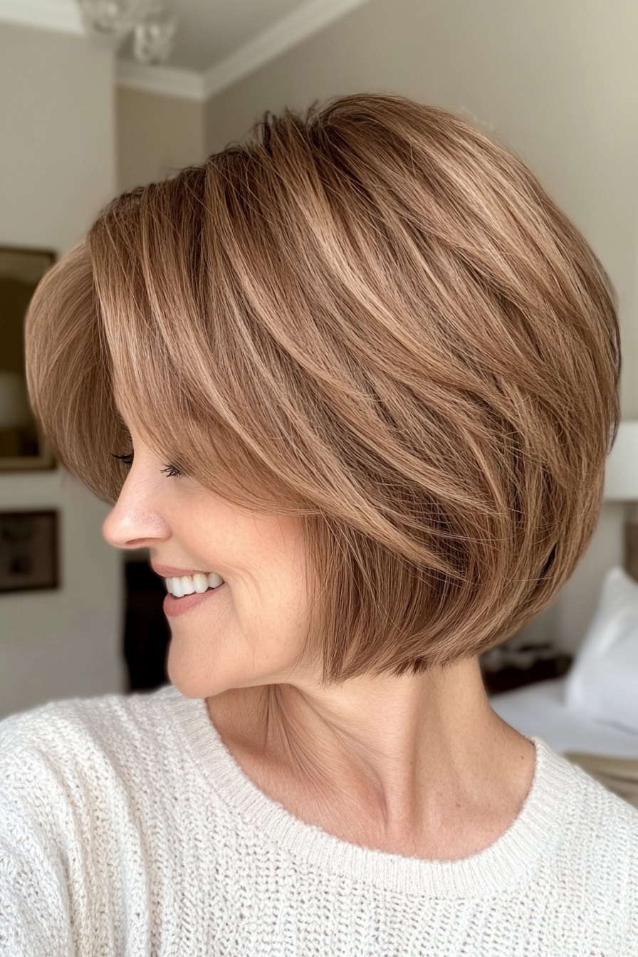 18. Layered Bob with Bangs - Warm Brown (Short Layered Haircuts For Women Over 60) - Short Layered Haircuts For Women Over 60