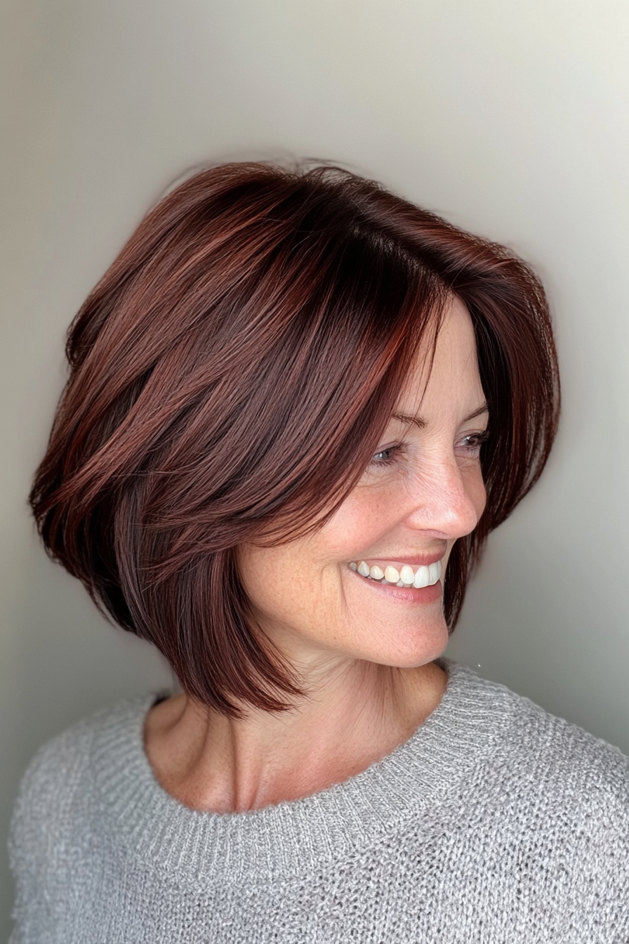22. Longer Layered Bob - Dark Auburn (Short Layered Haircuts For Women Over 60) - Short Layered Haircuts For Women Over 60