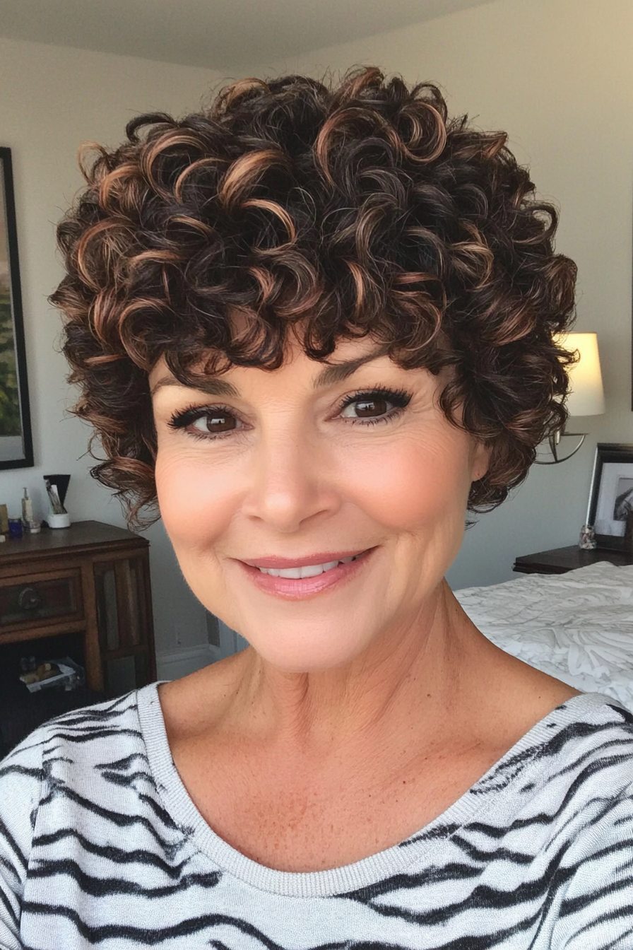 2. Textured Pixie Cut with Dark Brown Highlights (Short Curly Haircuts For Older Women) - Short Curly Haircuts For Older Women