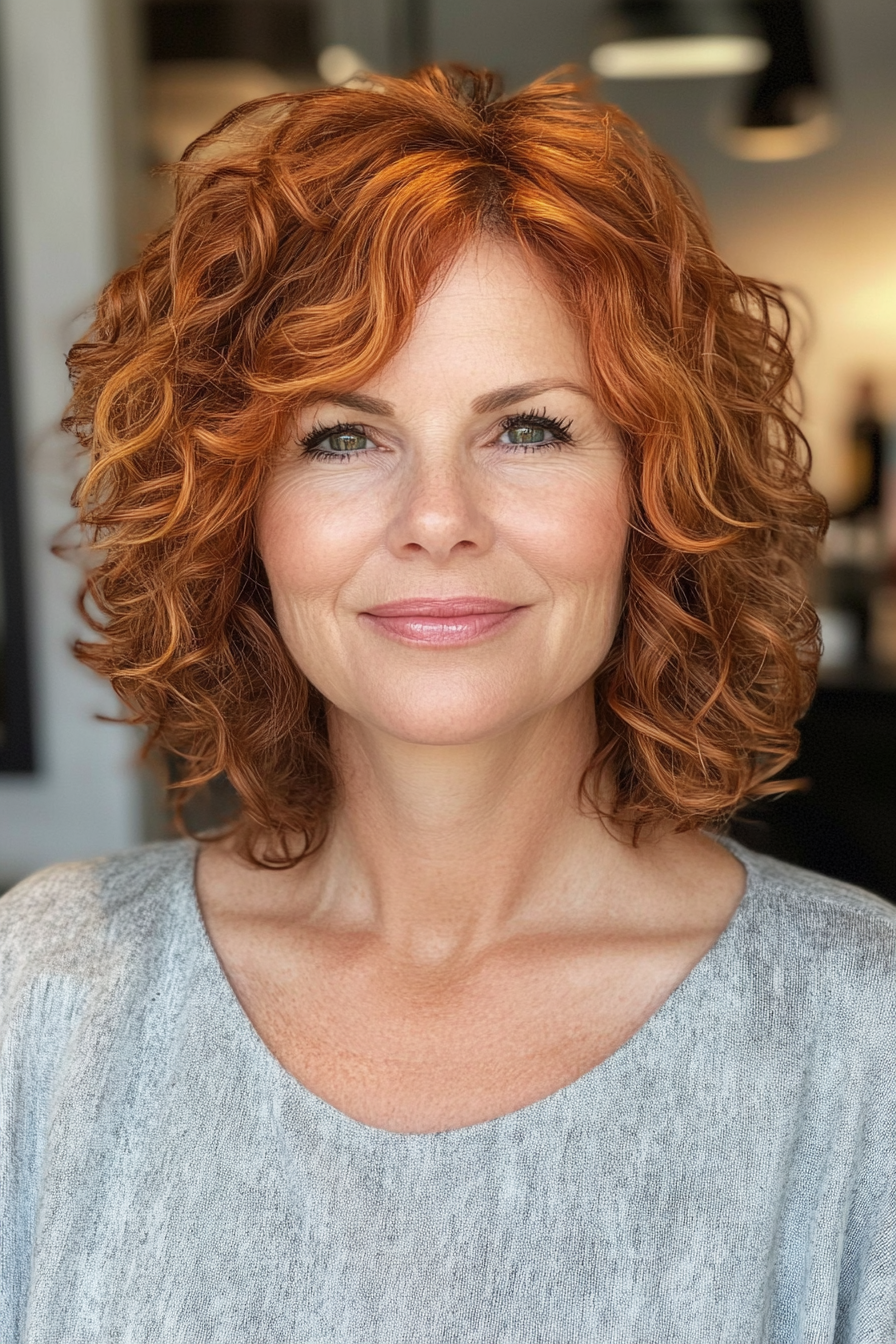 3. Layered Curly Lob in Auburn (Short Curly Haircuts For Older Women) - Short Curly Haircuts For Older Women