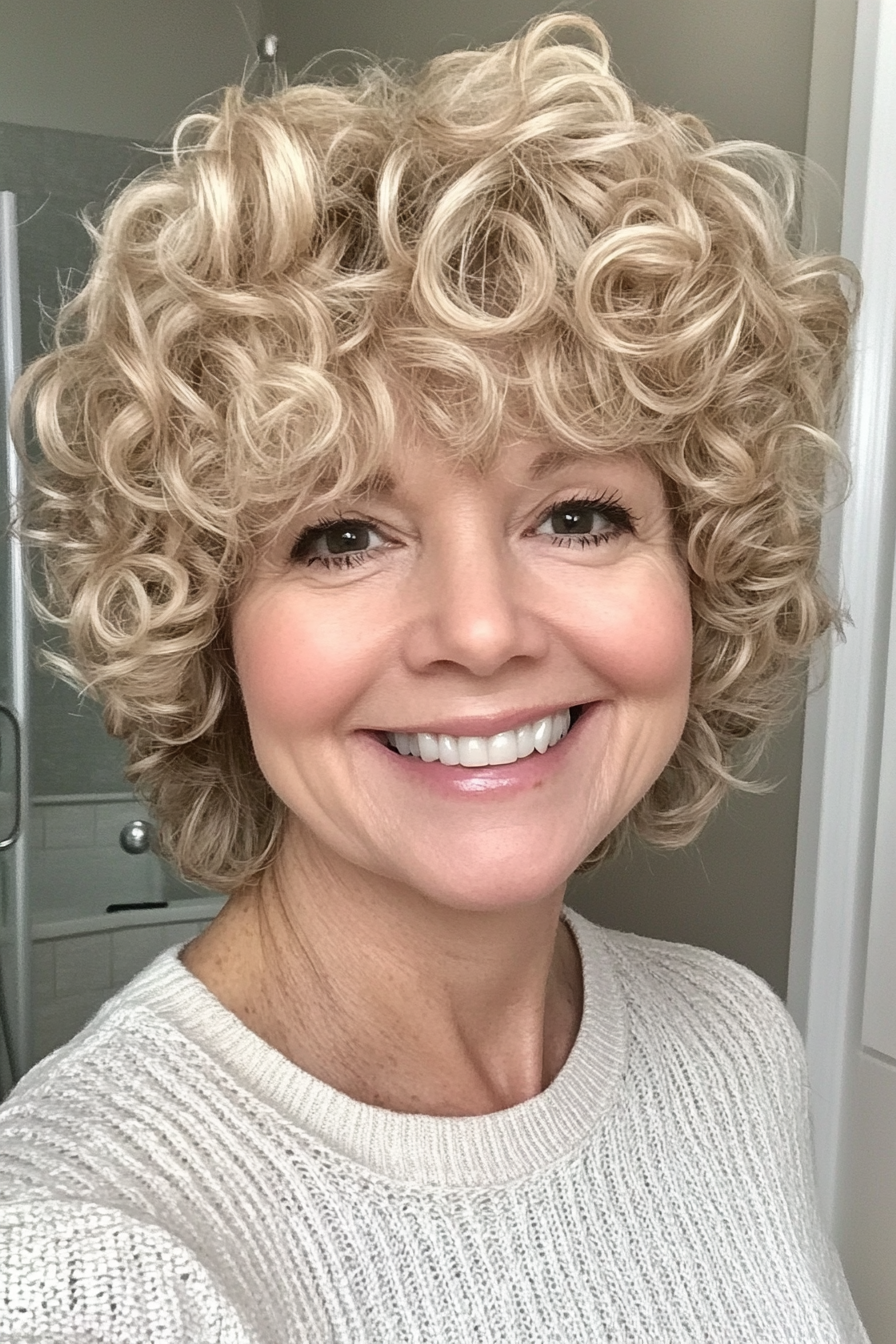 4. Curly Shag with Natural Blonde (Short Curly Haircuts For Older Women) - Short Curly Haircuts For Older Women