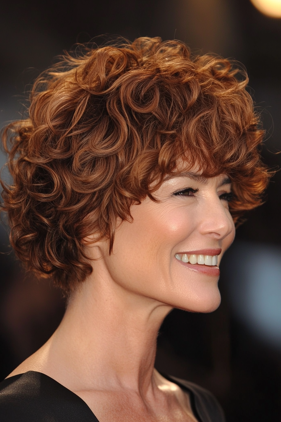 5. Tight Curly Pompadour in Chestnut (Short Curly Haircuts For Older Women) - Short Curly Haircuts For Older Women