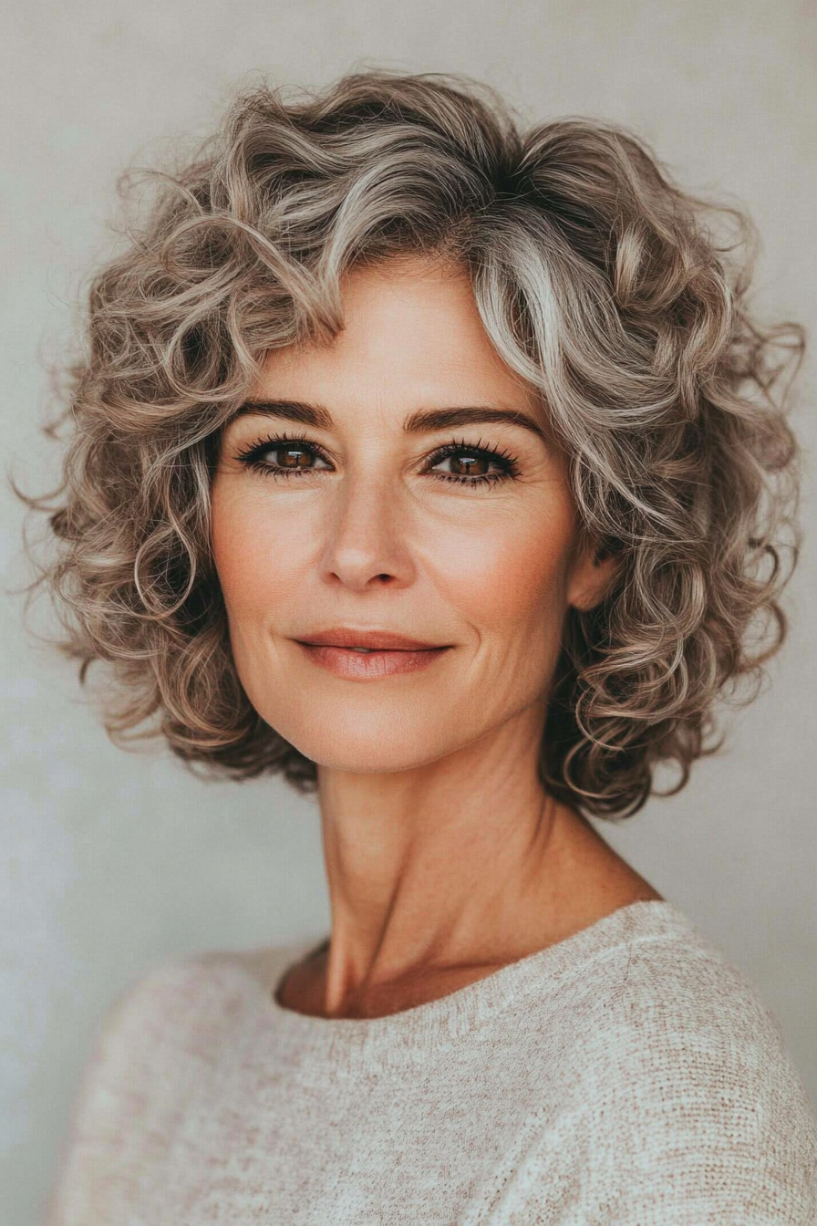 6. Curly Side-Swept Bob in Light Brown (Short Curly Haircuts For Older Women) - Short Curly Haircuts For Older Women