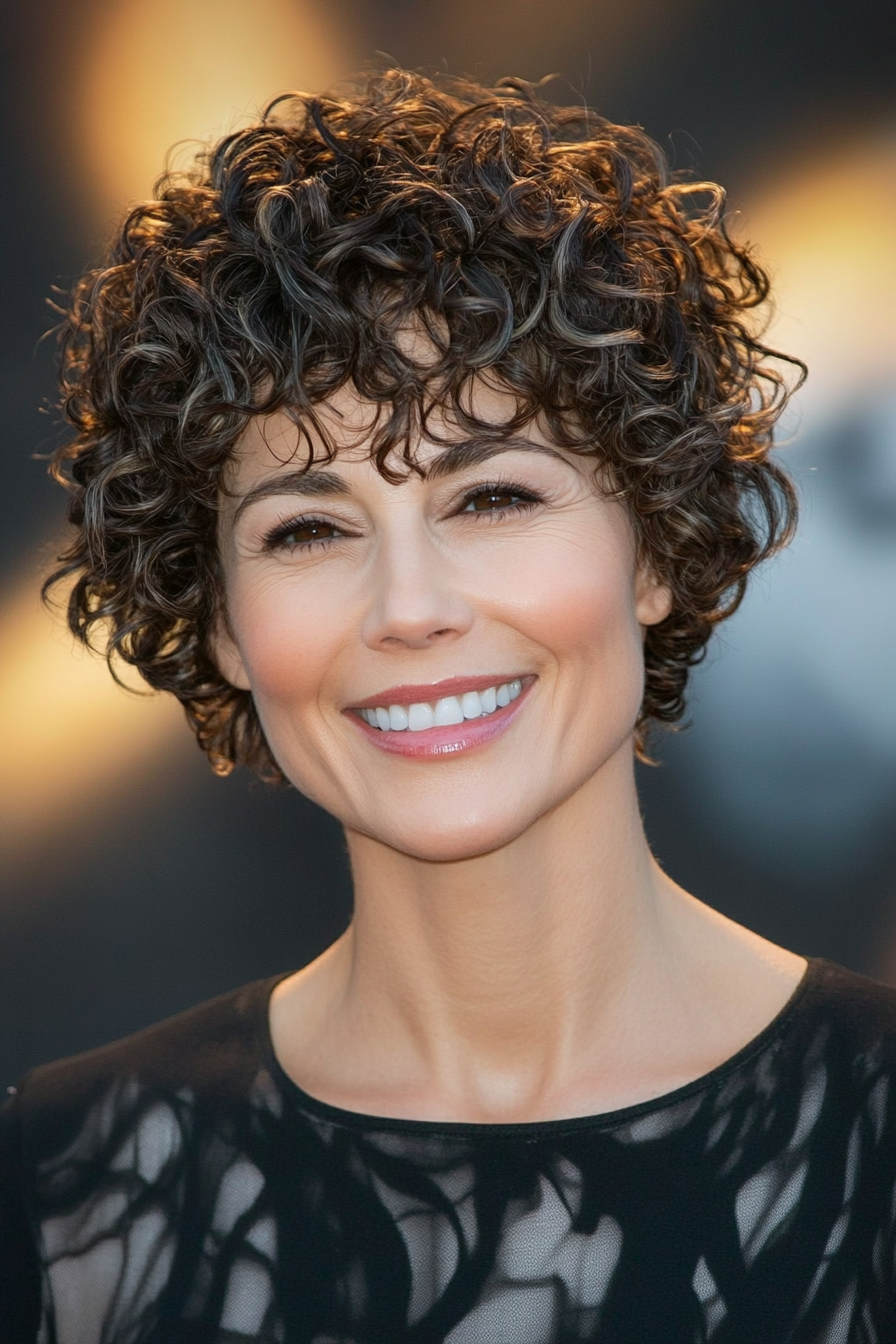 9. Curly Pixie with Golden Highlights (Short Curly Haircuts For Older Women) - Short Curly Haircuts For Older Women
