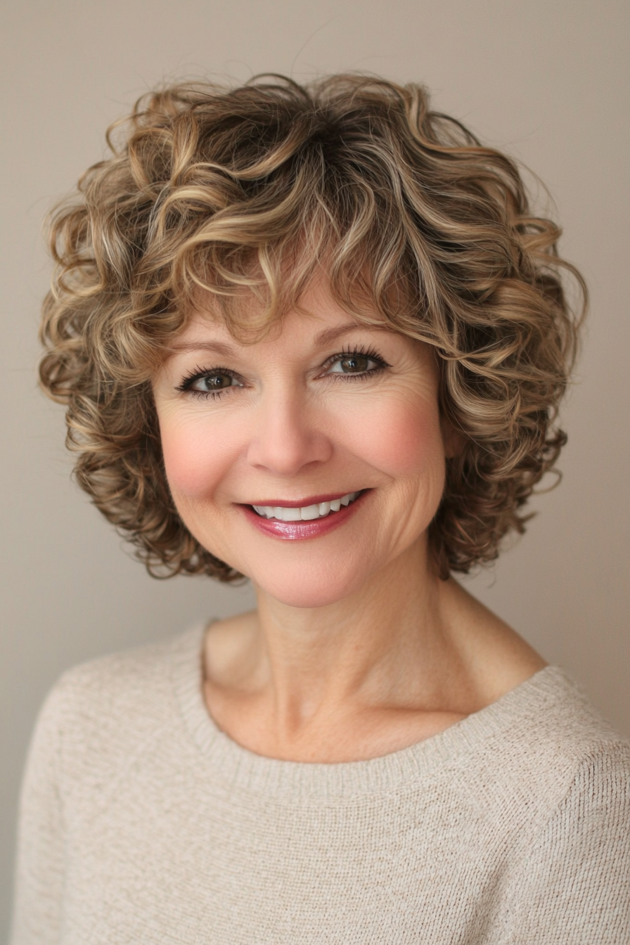 10. Curly Bob with Caramel Balayage (Short Curly Haircuts For Older Women) - Short Curly Haircuts For Older Women