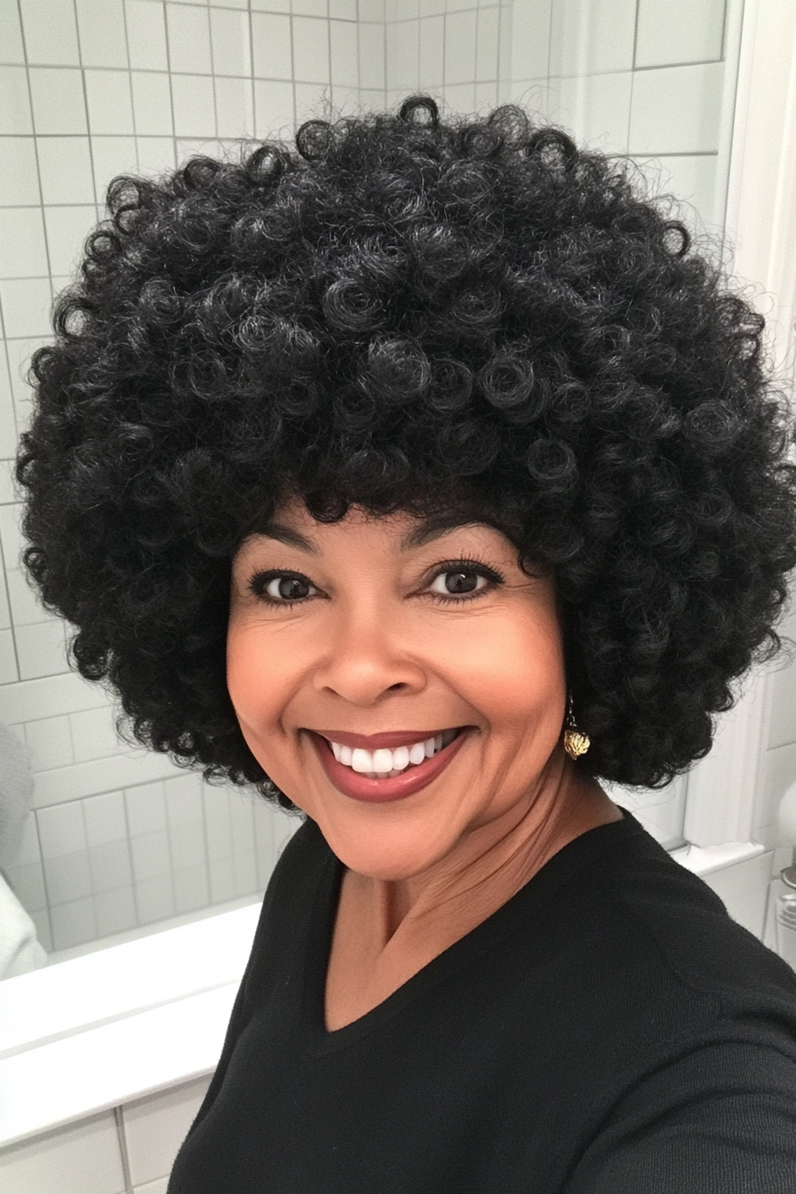 11. Short Curly Afro in Black (Short Curly Haircuts For Older Women) - Short Curly Haircuts For Older Women