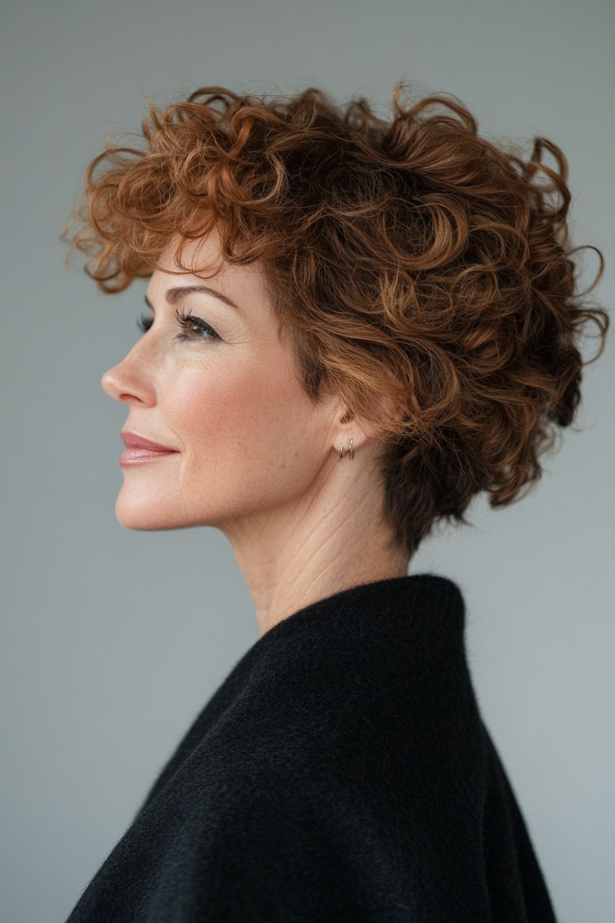 13. Asymmetrical Curly Cut with Light Brown (Short Curly Haircuts For Older Women) - Short Curly Haircuts For Older Women