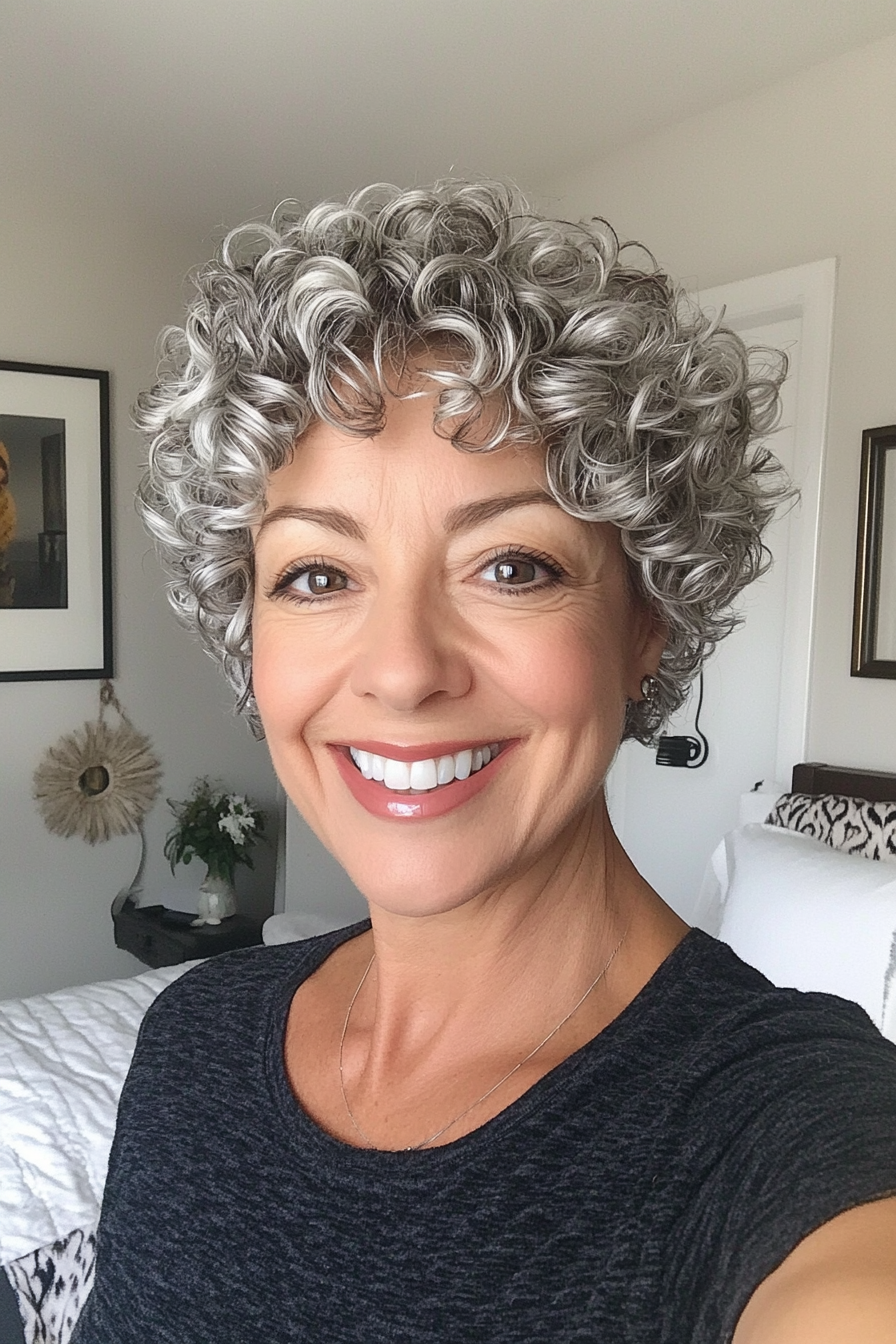 16. Curly Pixie with Silver Tips (Short Curly Haircuts For Older Women) - Short Curly Haircuts For Older Women
